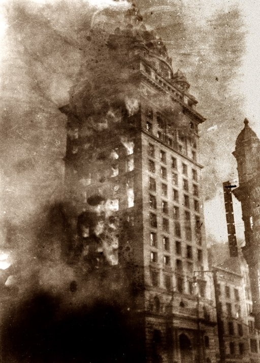 Photo:  The Burning of the Call. The San Francisco Call newspaper building in flames after the April 18, 1906 earthquake